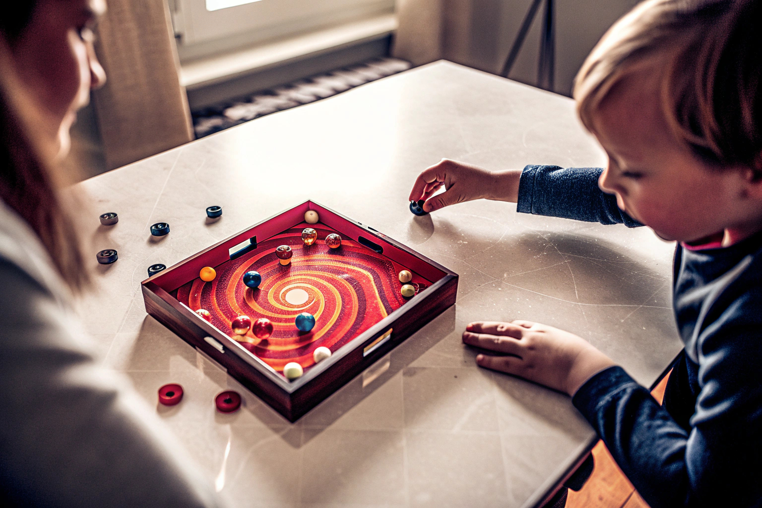 Ein Kind spielt das Kugelblitz Tornado Spiel mit seinen Eltern. Kind spielt Kugelblitz Tornado
