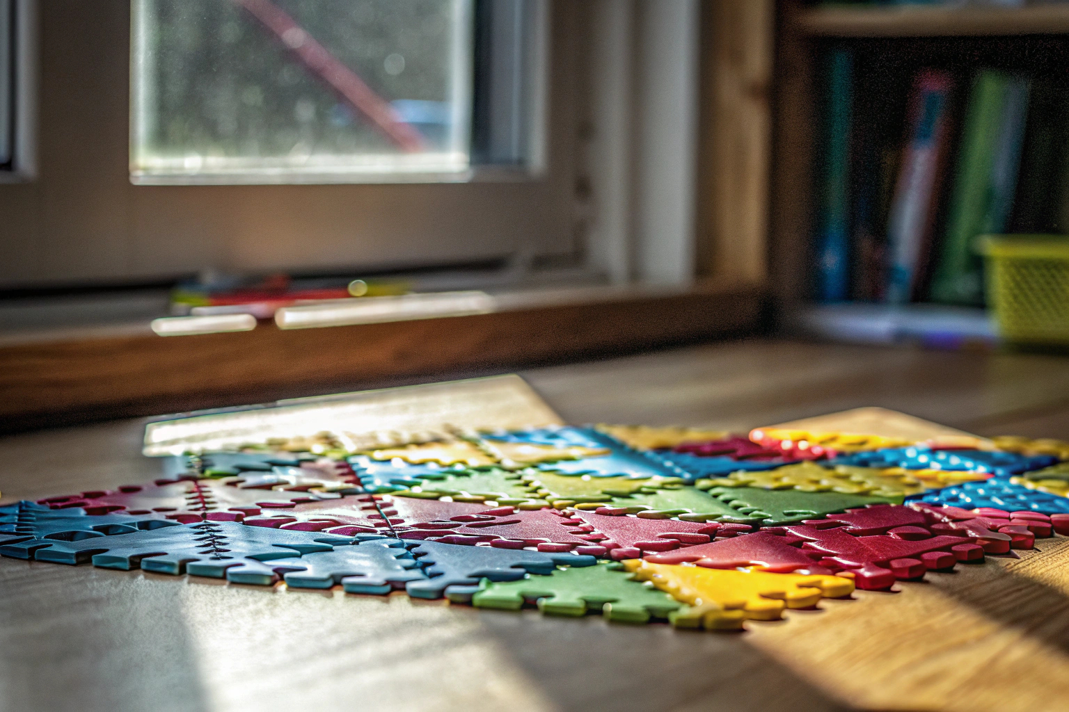Ein Kind spielt ein farbenfrohes Geometrie-Puzzle auf einem Tisch. Geometrisches Lernpuzzle für Kinder