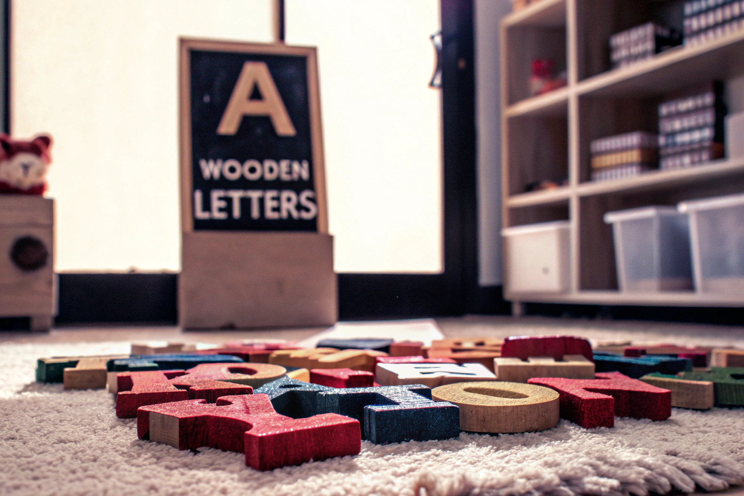 Ein Kind spielt mit bunten Holzbuchstaben, die Teil eines Montessori-Lernspiels sind. Kind mit Montessori-Lernspiel