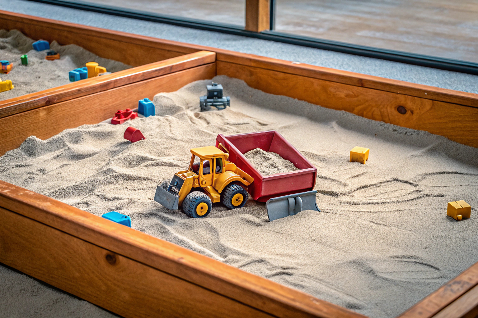 Ein Kind spielt mit einem Baustellen-Sandbox-Set. Kind spielt mit Baustellen-Sandbox-Set