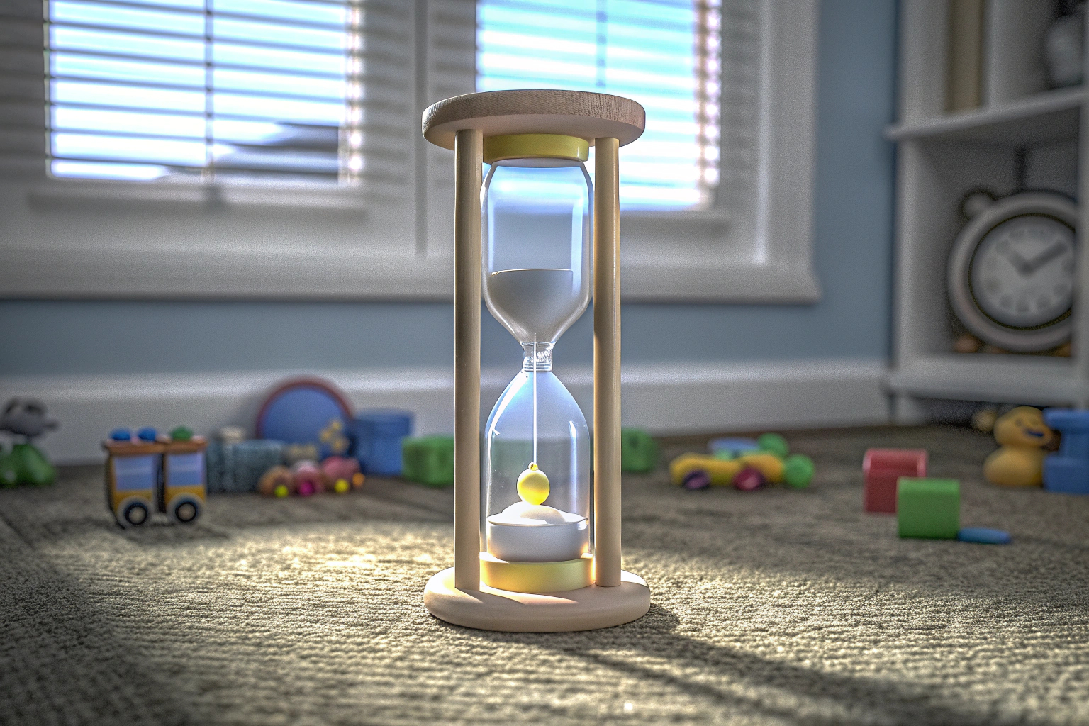 Ein Kind verwendet die bruchsichere Kunststoff-Sanduhr mit Entchen-Design. Kunststoff-Sanduhr mit Entchen