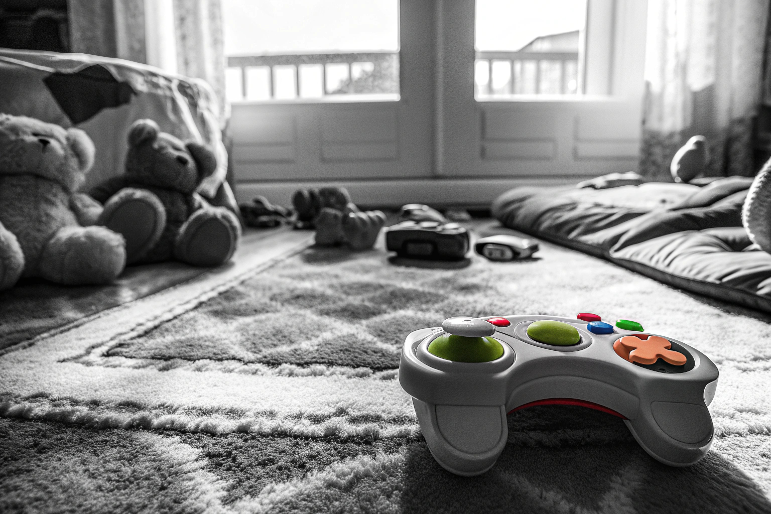 Ein Kleinkind spielt mit dem Fisher-Price Lernspaß Spiel-Controller. Kleinkind mit Fisher-Price Lernspaß Spiel-Controller