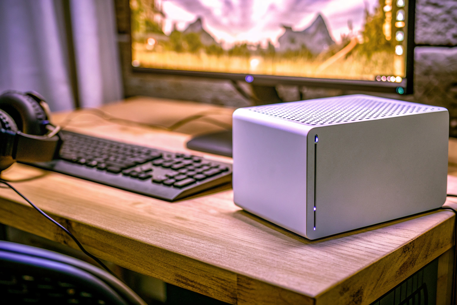 Ein kompakter Mini-PC als Teil eines modernen Gaming-Setups. Mini-PC für Gaming