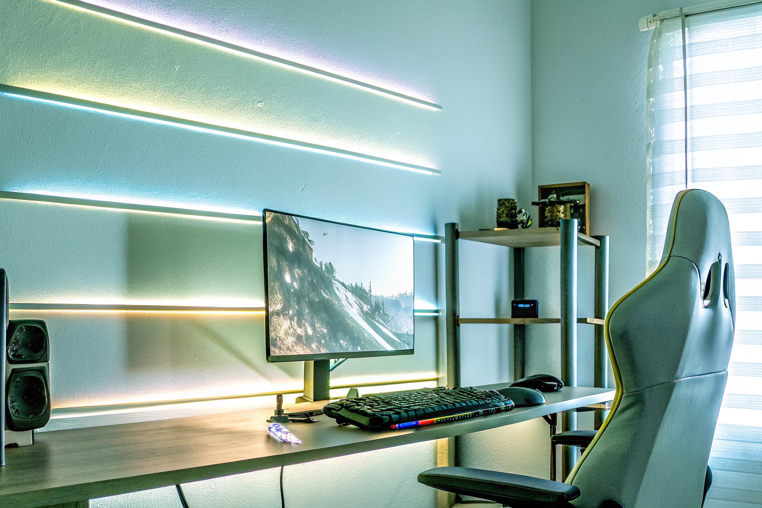 Ein kreativ gestaltetes Gaming-Set mit verschiedenen Lichteffekten und Requisiten Kreatives Gaming-Set