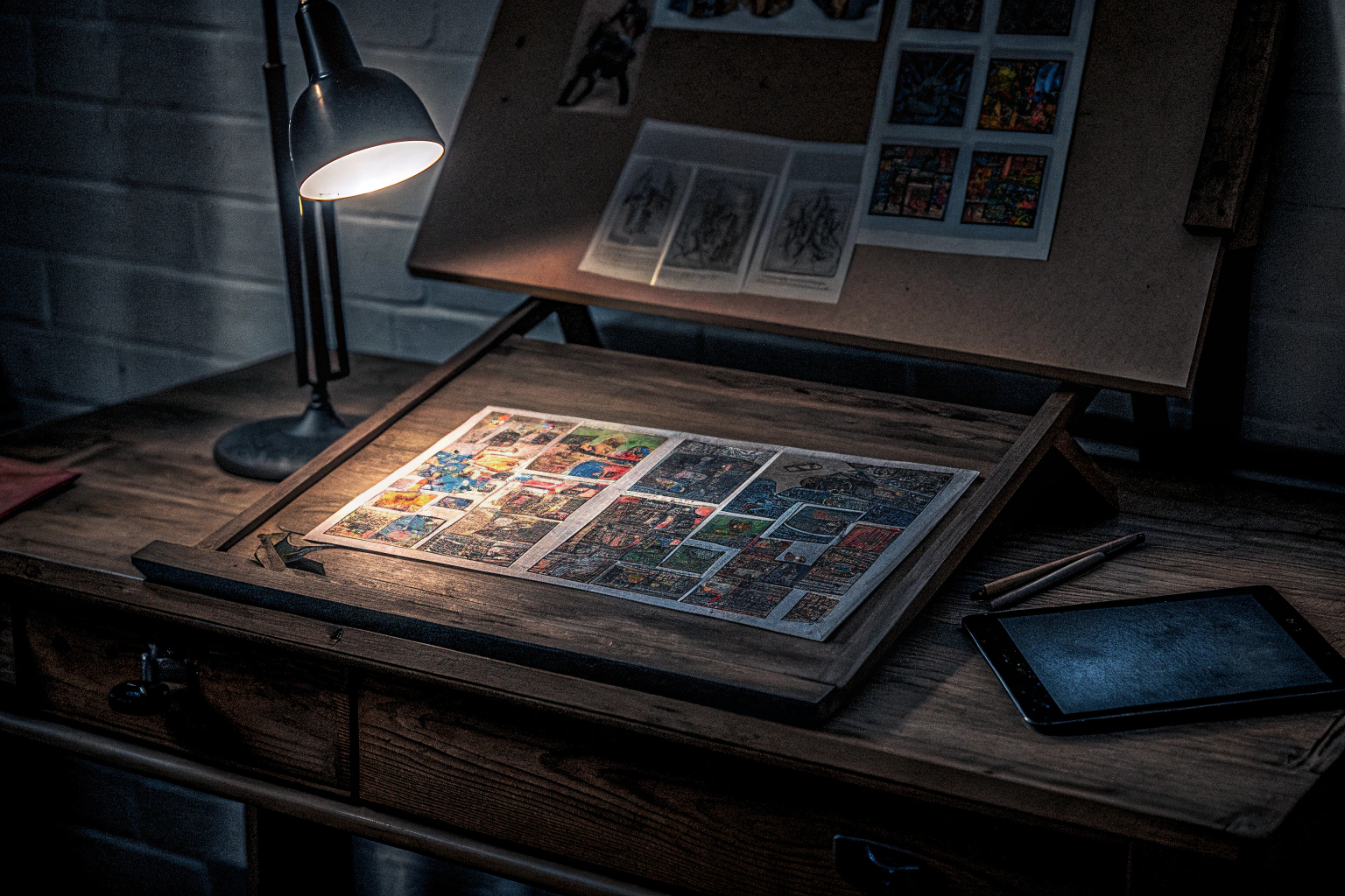 Ein kreativer Arbeitsplatz mit Skizzen und Notizen zur Spieleentwicklung. Kreativer Arbeitsplatz Spieleentwicklung