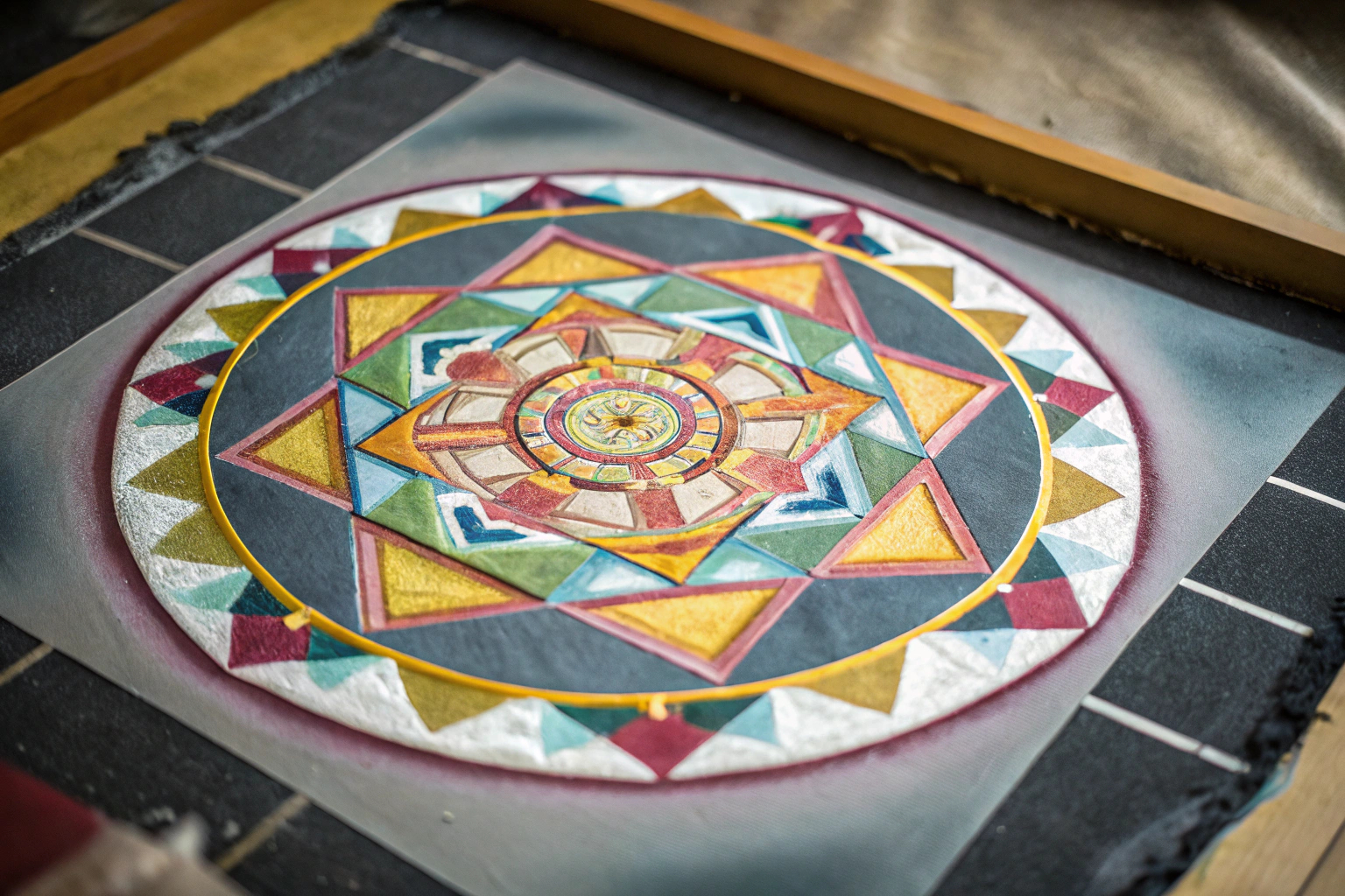 Ein Kunstwerk, das mit der Colorfy-App erstellt wurde, zeigt ein farbenfrohes Mandala. Colorfy App Kunstwerk Mandala