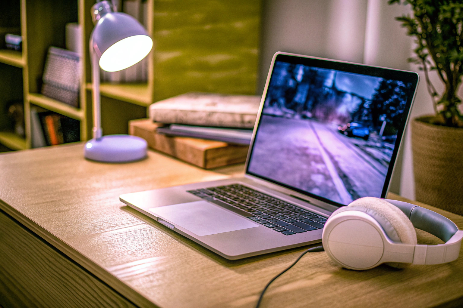 Ein Laptop auf einem Schreibtisch mit einem Headset daneben, bereit zum Gaming. Laptop mit Headset für Gaming