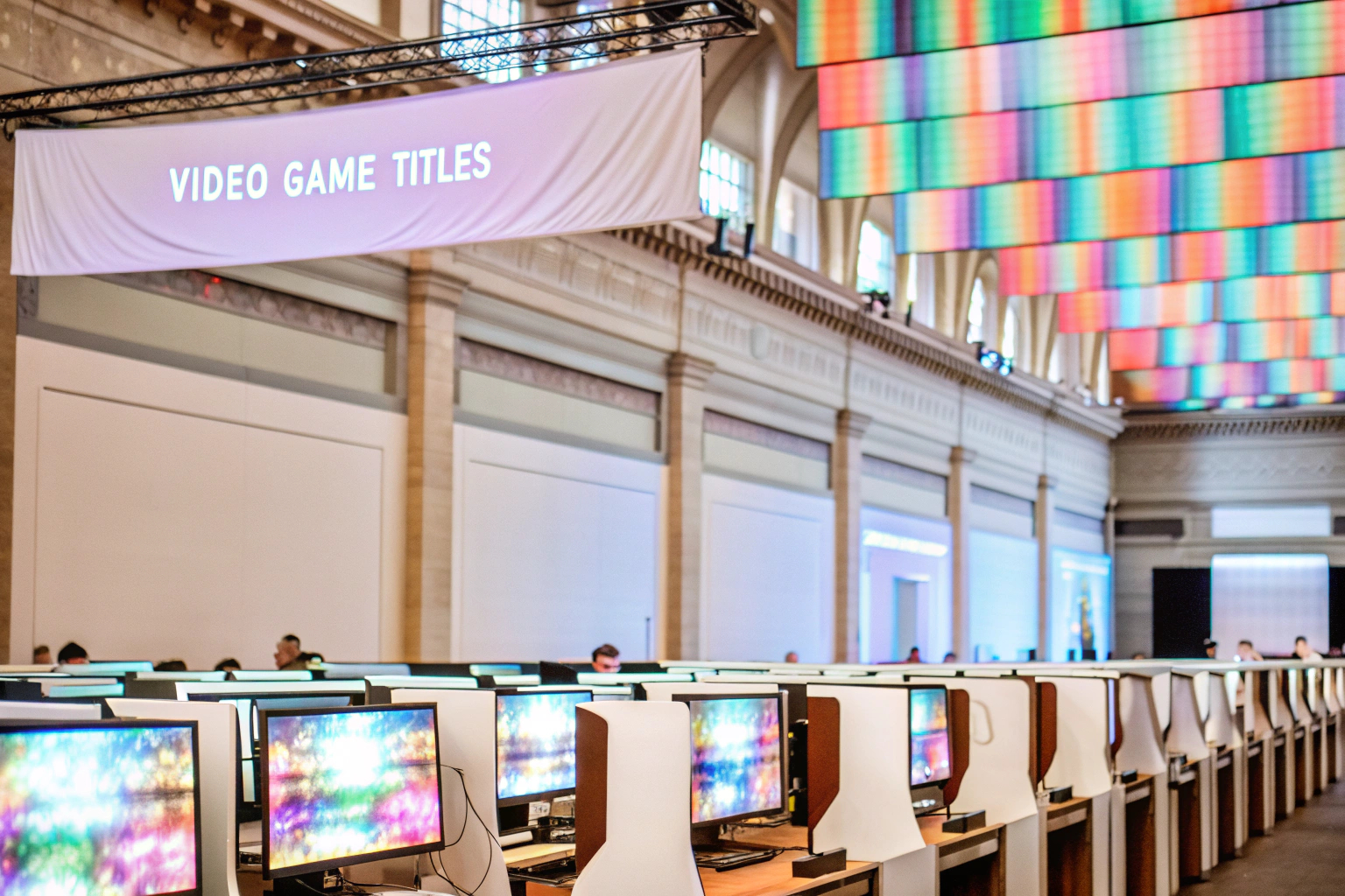Ein lebendiges Gaming-Event mit bunten Lichtern und vielen Teilnehmern. Gaming-Event mit Teilnehmern