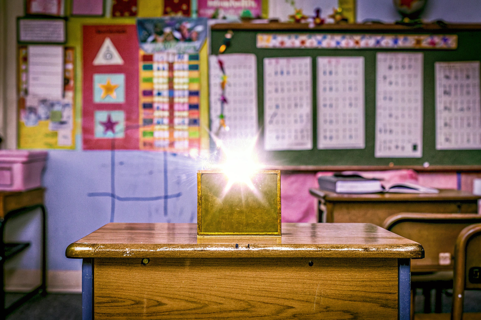 Ein Lehrer, der einem Schüler ein Abzeichen für eine abgeschlossene Aufgabe überreicht. Lehrer verleiht Abzeichen