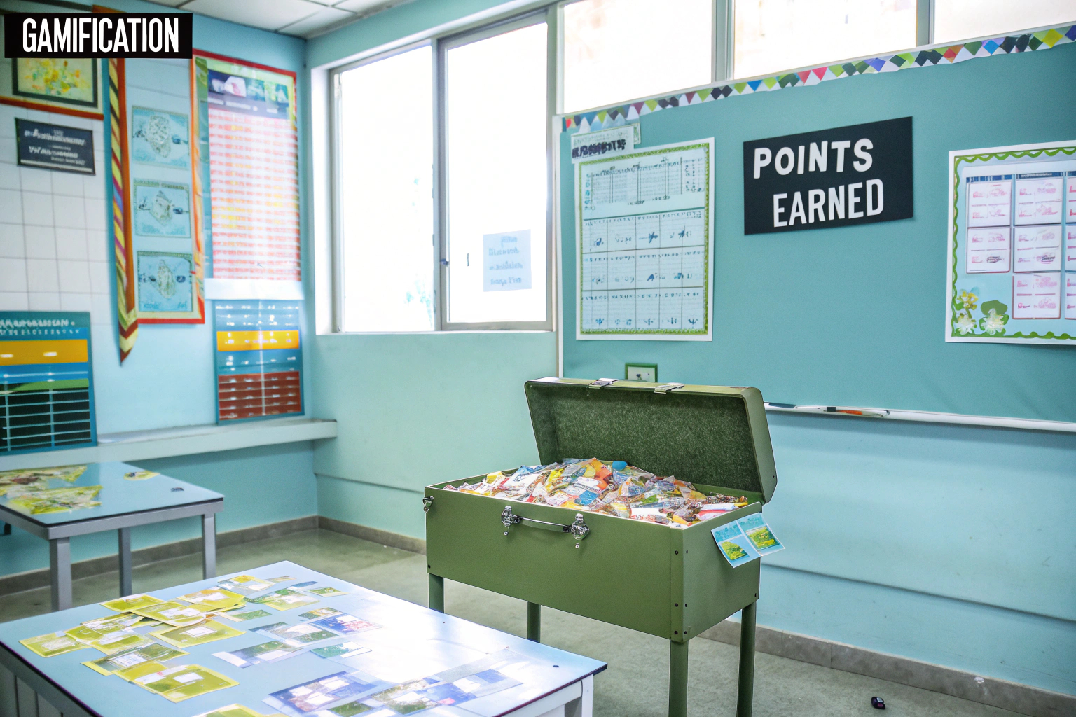 Ein Lehrer, der Gamification-Elemente im Klassenzimmer einsetzt, um den Unterricht spannender zu gestalten. Lehrer nutzt Gamification