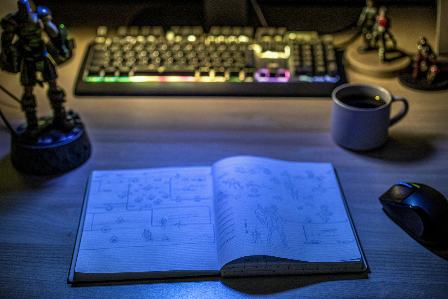 Ein leidenschaftlicher Gamer, der mit einem Notizbuch vor dem Bildschirm sitzt und Notizen macht. Gamer macht Notizen für eine Spielekritik