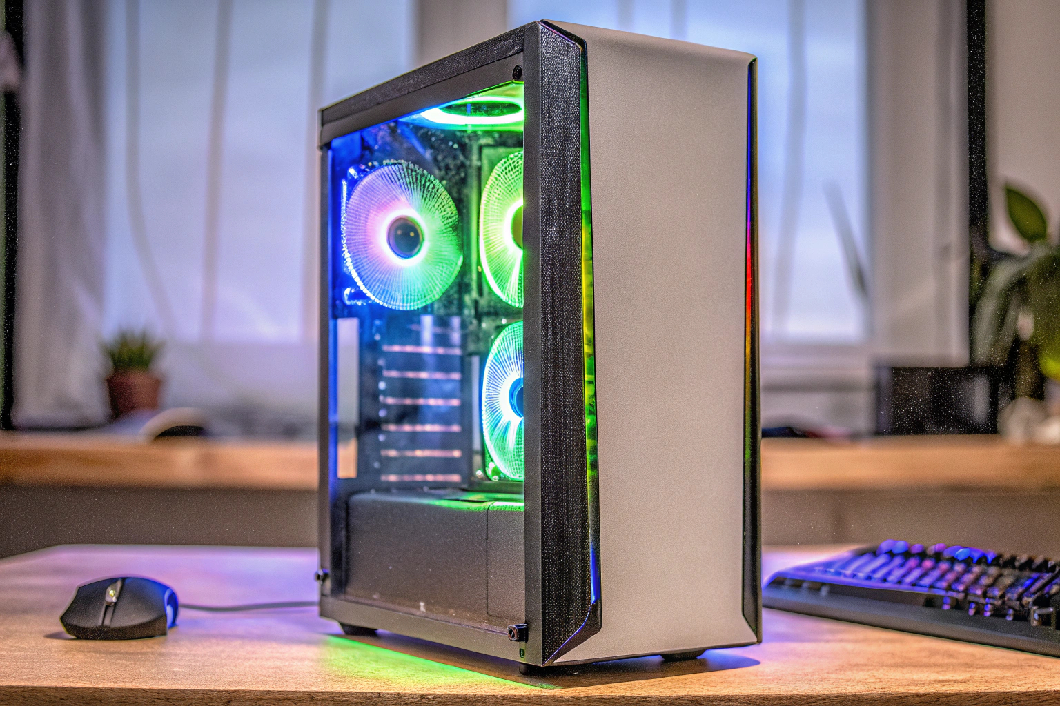 Ein leistungsstarker Gaming-PC mit moderner Grafikkarte und RGB-Beleuchtung. Gaming-PC mit RGB-Beleuchtung