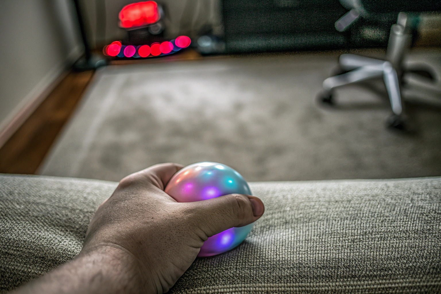 Ein leuchtender Octopus Stressball, der von einer Hand gedrückt wird. Octopus Stressball