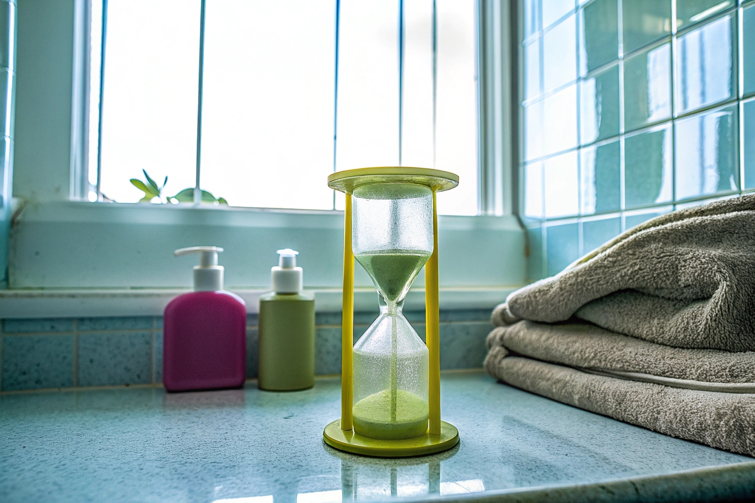 Ein lustiger 5-Minuten-Sanduhr-Timer, der im Badezimmer verwendet wird. 5 Minuten Toilette Sanduhr