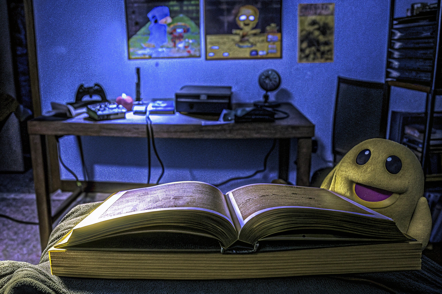 Ein lustiges Bild von einem Gamer, der über ein Buch lacht. Gamer lacht über Buch