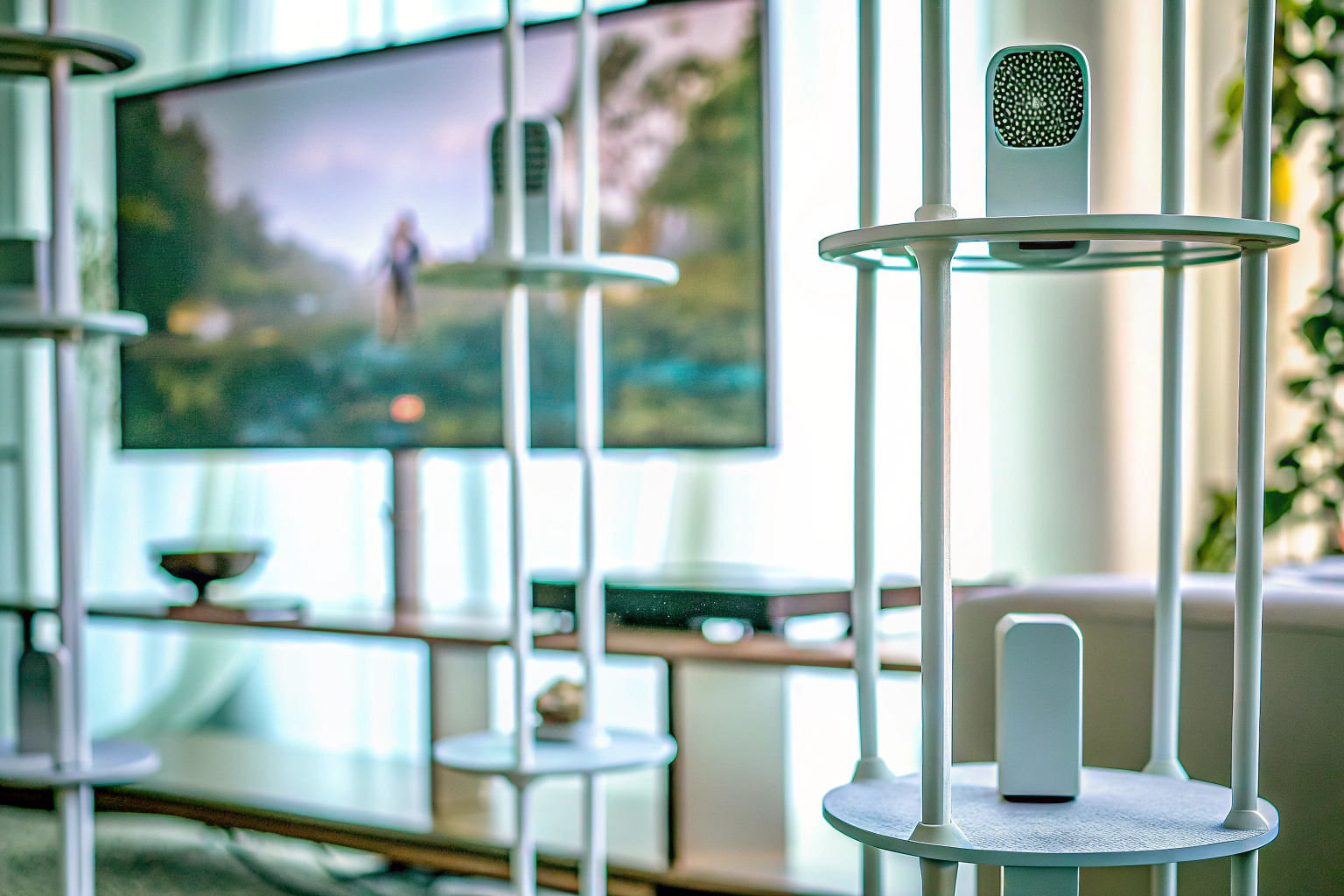 Ein Mesh-WLAN-System bestehend aus mehreren Knoten, das eine nahtlose Abdeckung in einem großen Haus bietet. Mesh-WLAN-System mit mehreren Knoten