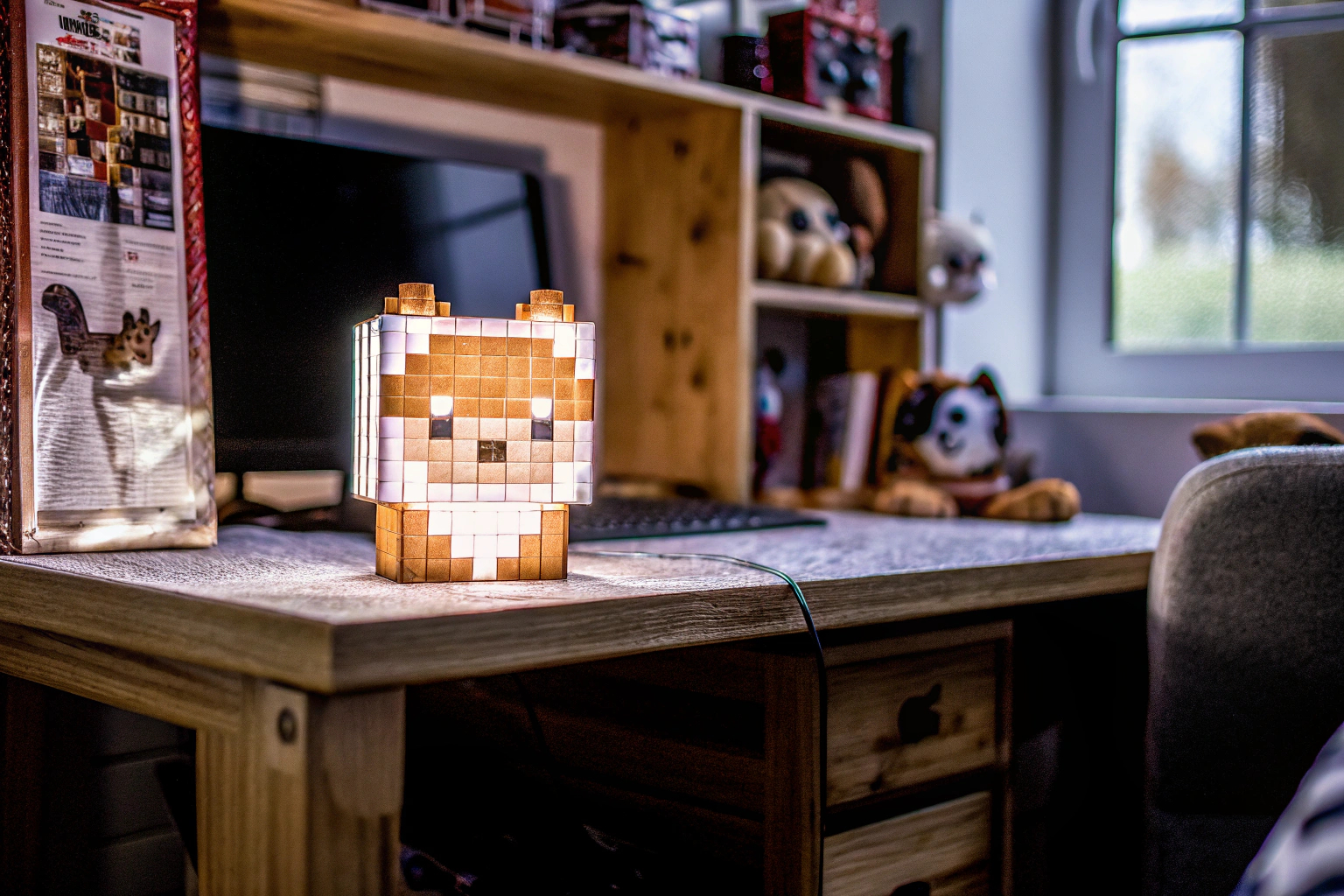 Ein Minecraft Fuchs Nachtlicht erhellt ein Gaming-Zimmer. Minecraft Fuchs Nachtlicht