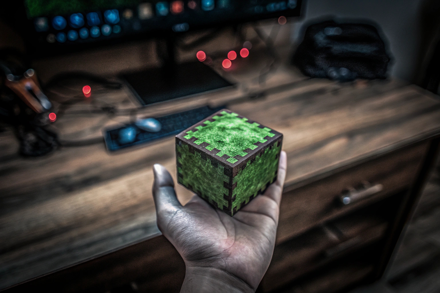 Ein Minecraft Stressblock in der Hand eines Gamers. Minecraft Stressblock