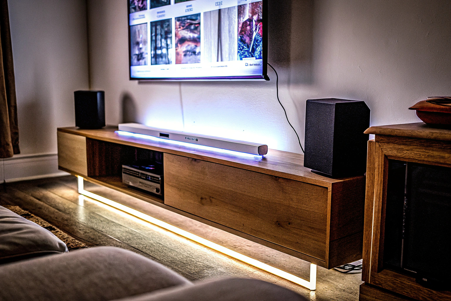 Ein moderner Fernseher, der mit einem TV-Stick verbunden ist, um Streaming-Inhalte anzuzeigen. TV mit angeschlossenem TV-Stick