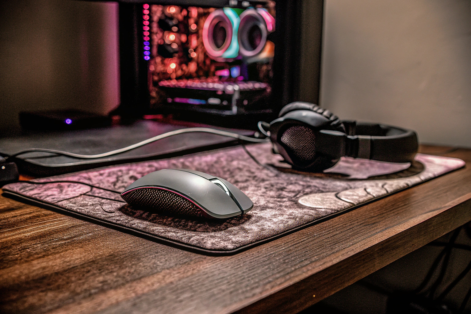 Ein moderner Gaming-Computer mit Maus und Headset. Gaming-Setup mit Computer und Zubehör