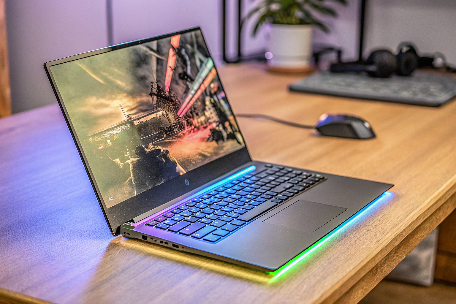 Ein moderner Gaming-Laptop auf einem Schreibtisch mit RGB-Beleuchtung im Hintergrund. Moderner Gaming-Laptop
