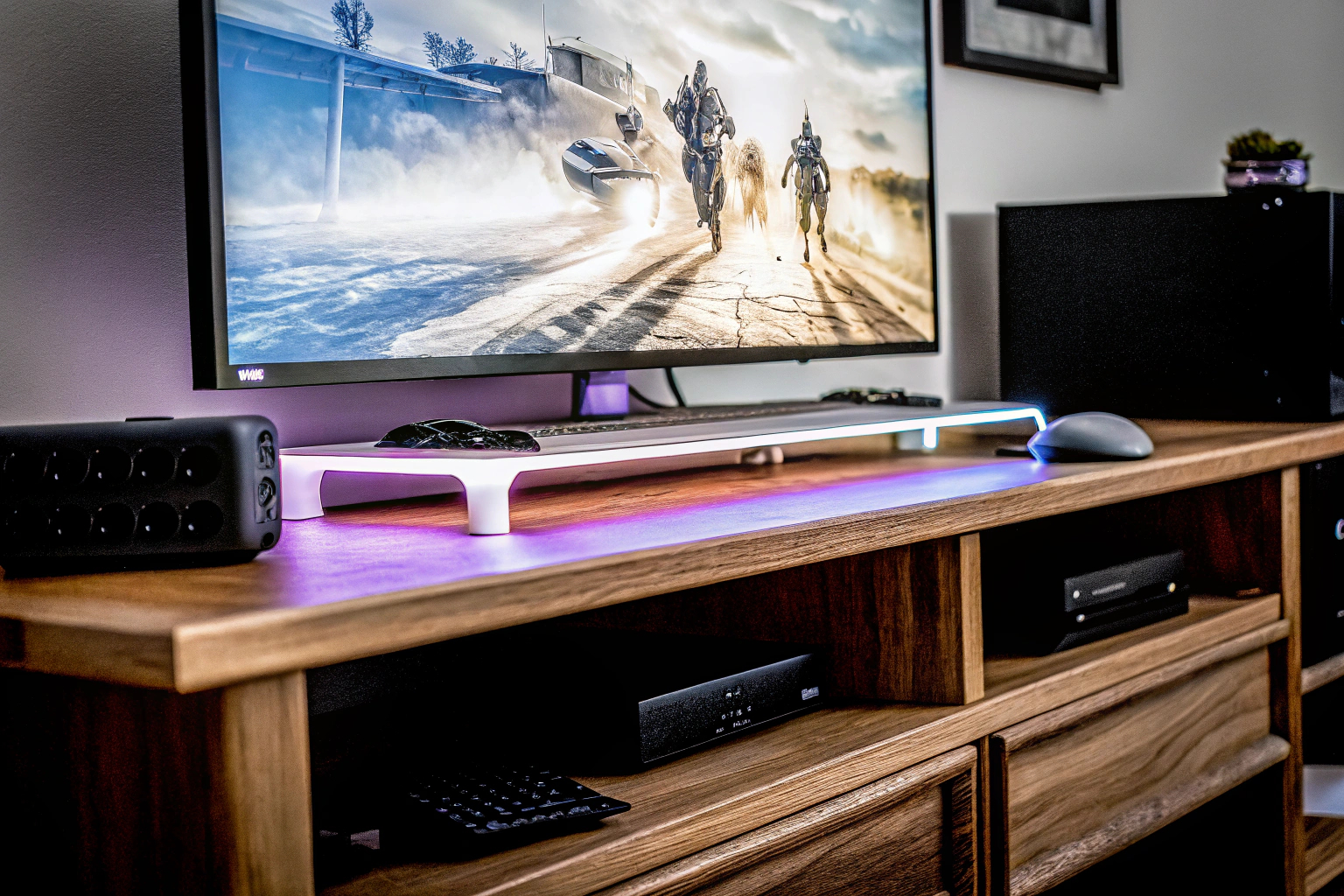 Ein moderner Gaming-Monitor auf einem Schreibtisch, ideal für ein immersives Spielerlebnis. Moderner Gaming-Monitor auf Schreibtisch