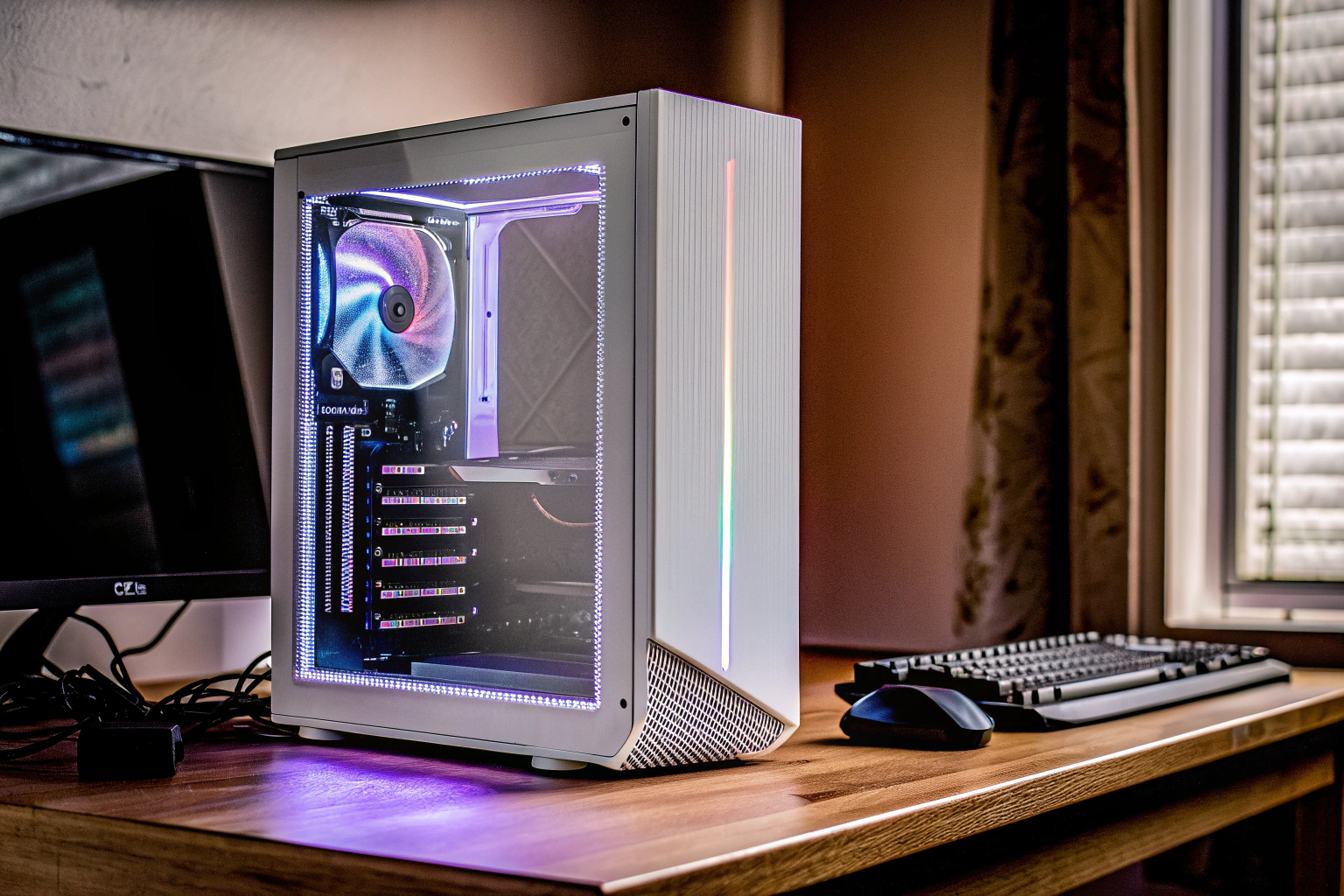 Ein moderner Gaming-PC mit beleuchteten Komponenten und leistungsstarker Grafikkarte. Gaming-PC mit RGB-Beleuchtung