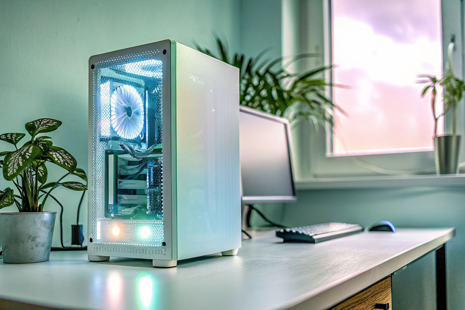 Ein moderner Gaming-PC mit leuchtender RGB-Beleuchtung und sichtbarer High-End-Hardware. Fertig aufgebauter Gaming-PC mit RGB-Beleuchtung