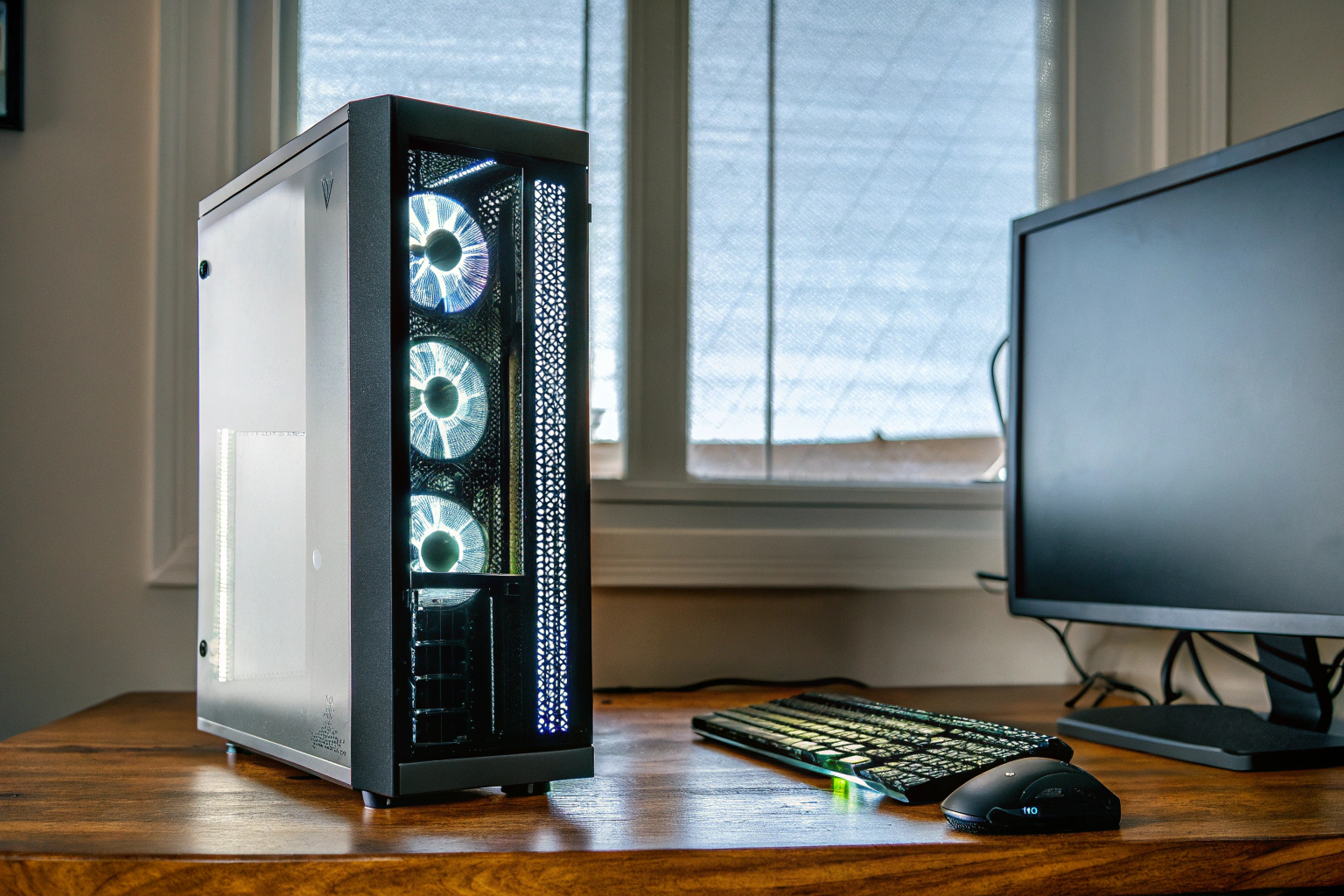 Ein moderner Gaming-PC mit RGB-Beleuchtung in einem stylischen Setup Moderner Gaming-PC mit RGB-Beleuchtung