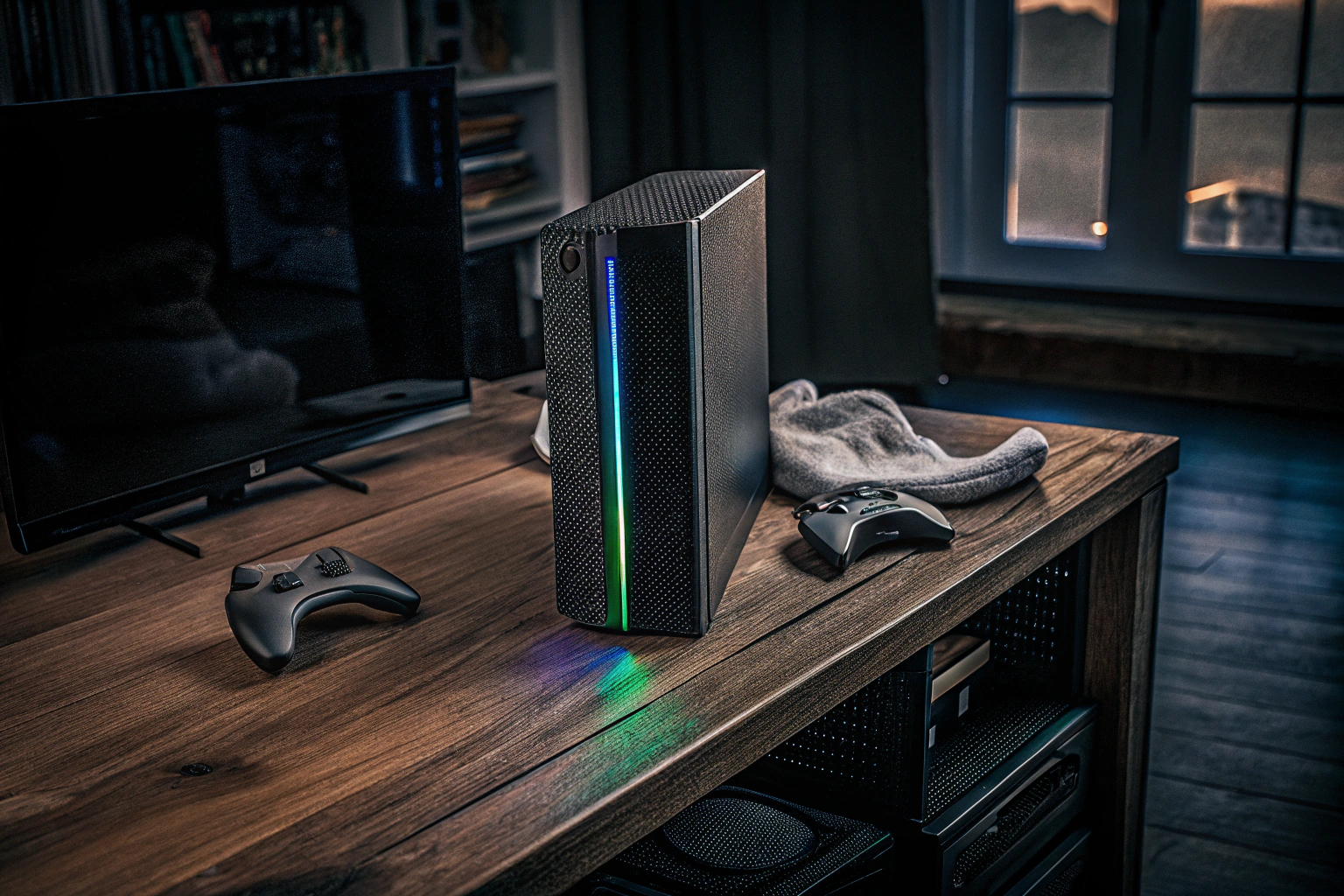 Ein moderner Gaming-PC mit Virtual Reality Setup, inklusive Headset und Controllern. Gaming-PC mit VR-Setup
