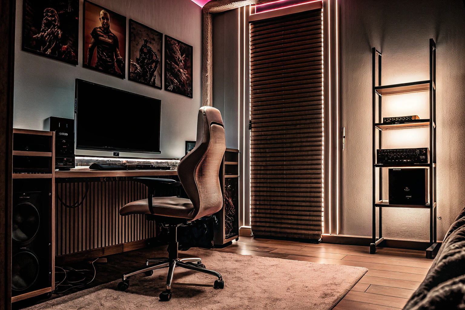 Ein moderner Gaming-Raum mit LED-Beleuchtung und stimmungsvoller Atmosphäre. Moderner Gaming-Raum