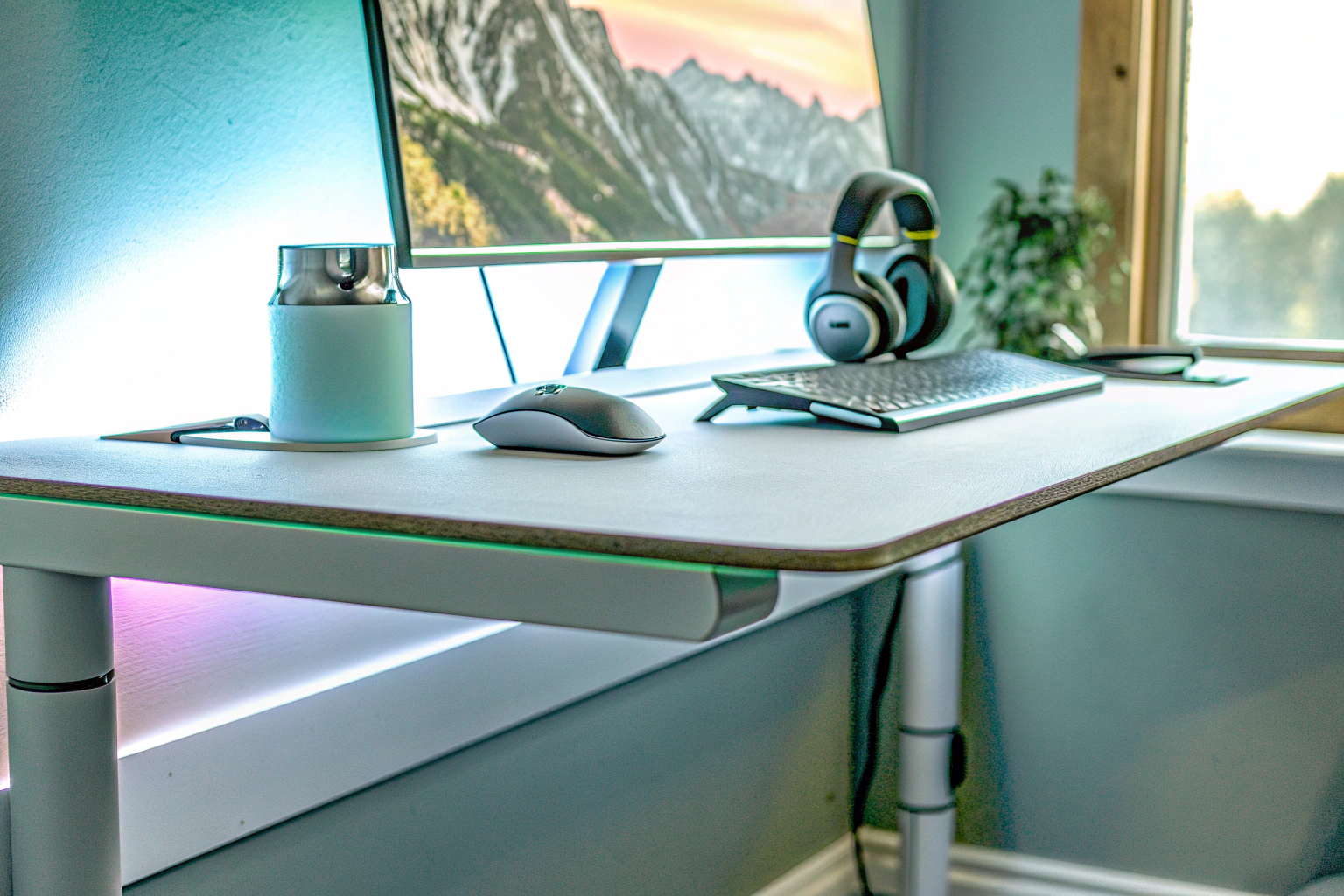 Ein moderner Gaming-Schreibtisch mit RGB-Beleuchtung und Zubehör wie Getränkehalter und Kopfhörerhaken. Gaming-Schreibtisch mit RGB-Beleuchtung