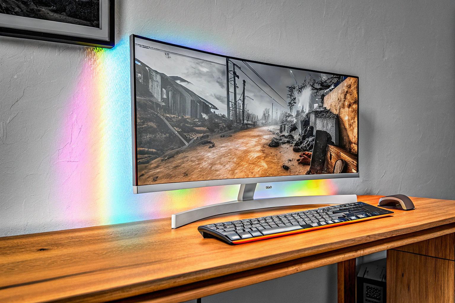 Ein moderner Gaming-Setup mit einem gebogenen Monitor. Gebogener Gaming-Monitor in einem Setup