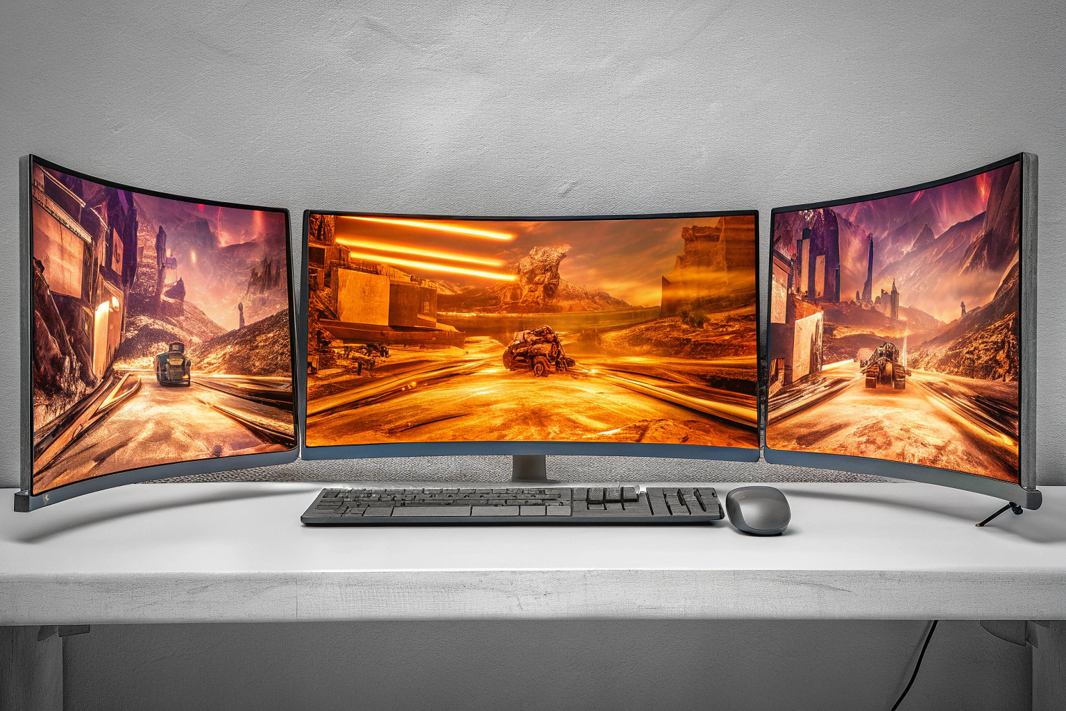 Ein moderner Gaming-Setup mit mehreren Monitoren. Gaming-Setup mit mehreren Monitoren