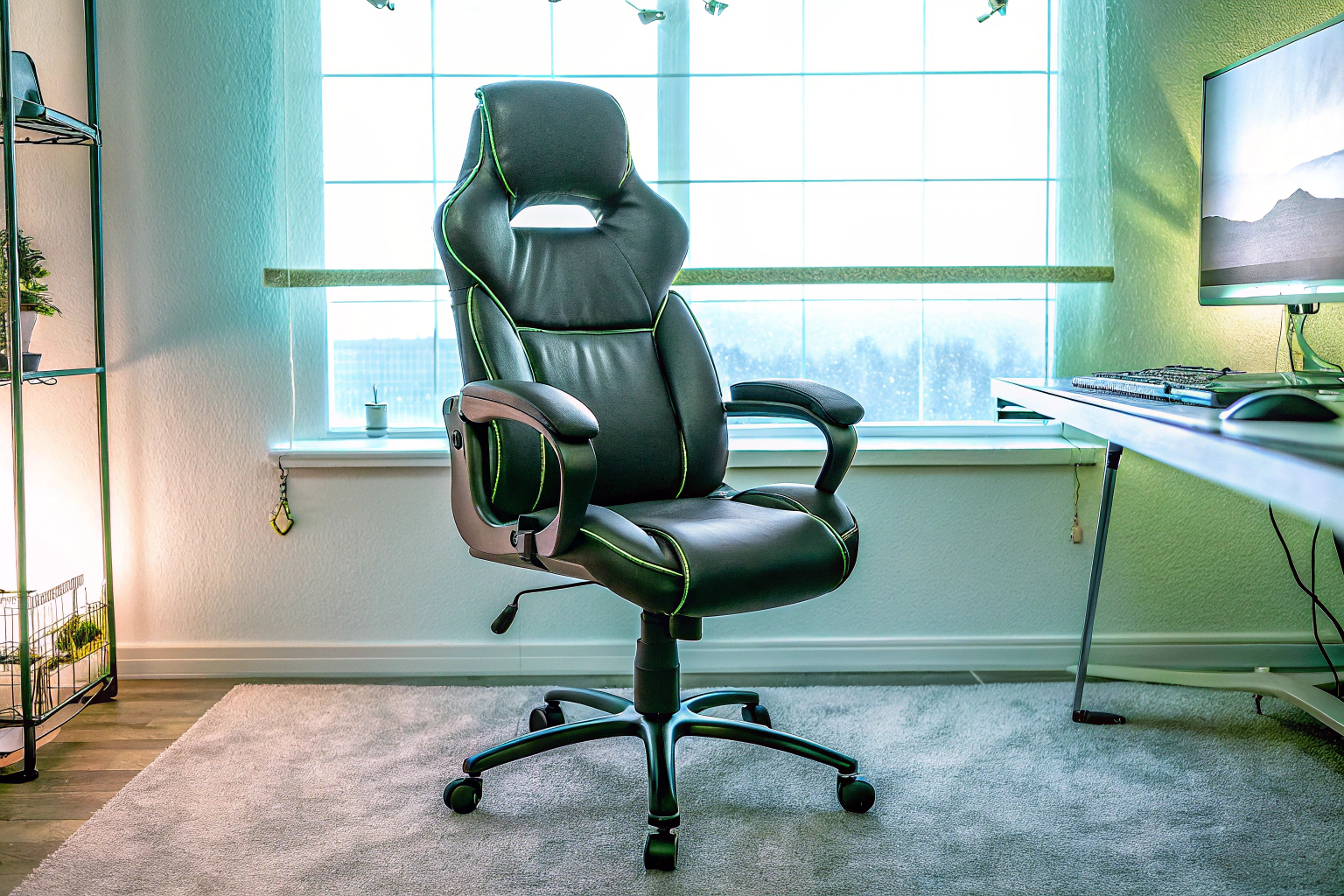 Ein moderner Gaming-Stuhl in einem stilvollen Gaming-Zimmer. Ergonomischer Gaming-Stuhl