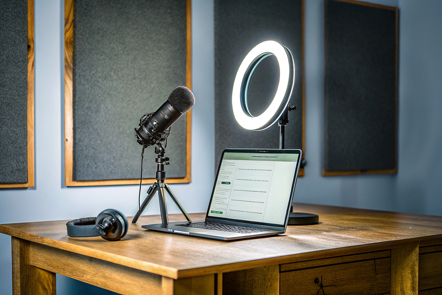 Ein moderner Schreibtisch mit Streaming-Equipment, wie Mikrofon, Kamera und Licht. Moderne Streaming-Ausrüstung auf einem Schreibtisch