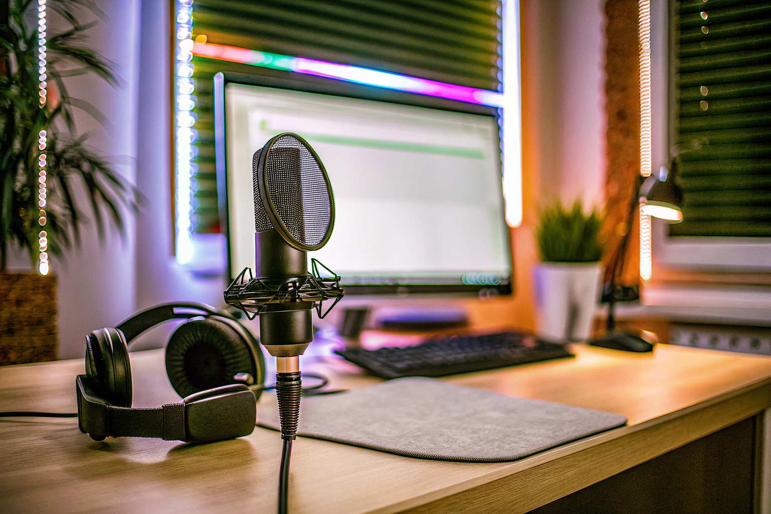 Ein moderner Streaming-Arbeitsplatz mit Mikrofon, Kopfhörern und Webcam. Moderner Streaming-Arbeitsplatz mit Mikrofon und Webcam