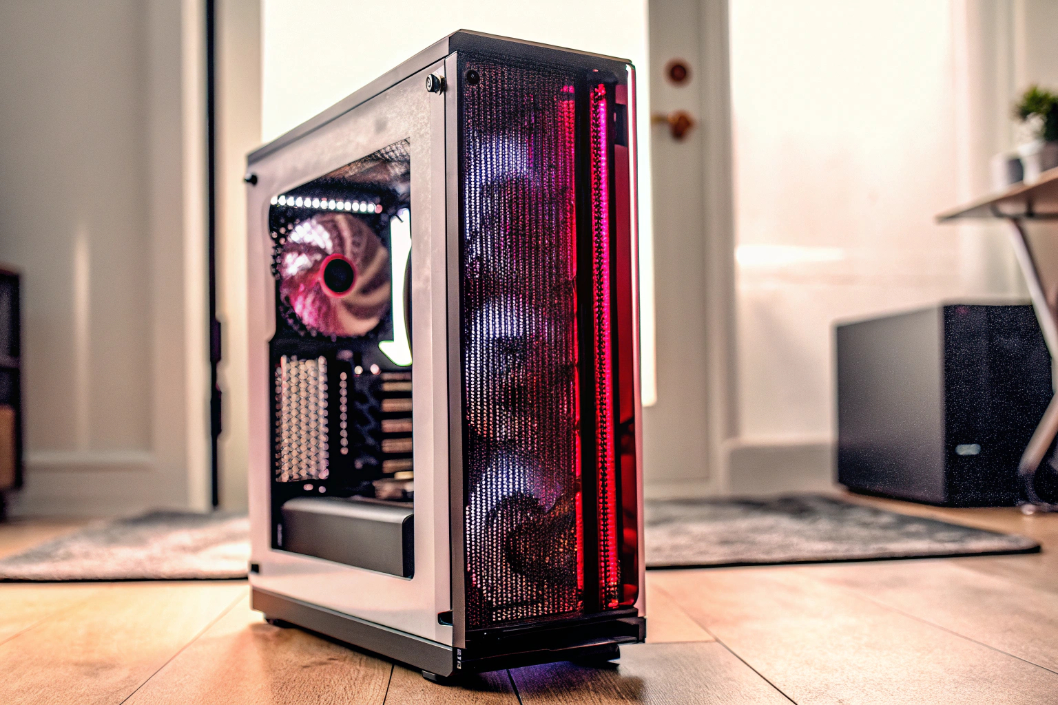 Ein modernes Gaming-Mainboard mit RGB-Beleuchtung, das in einem offenen PC-Gehäuse installiert ist. Gaming-Mainboard mit RGB-Beleuchtung