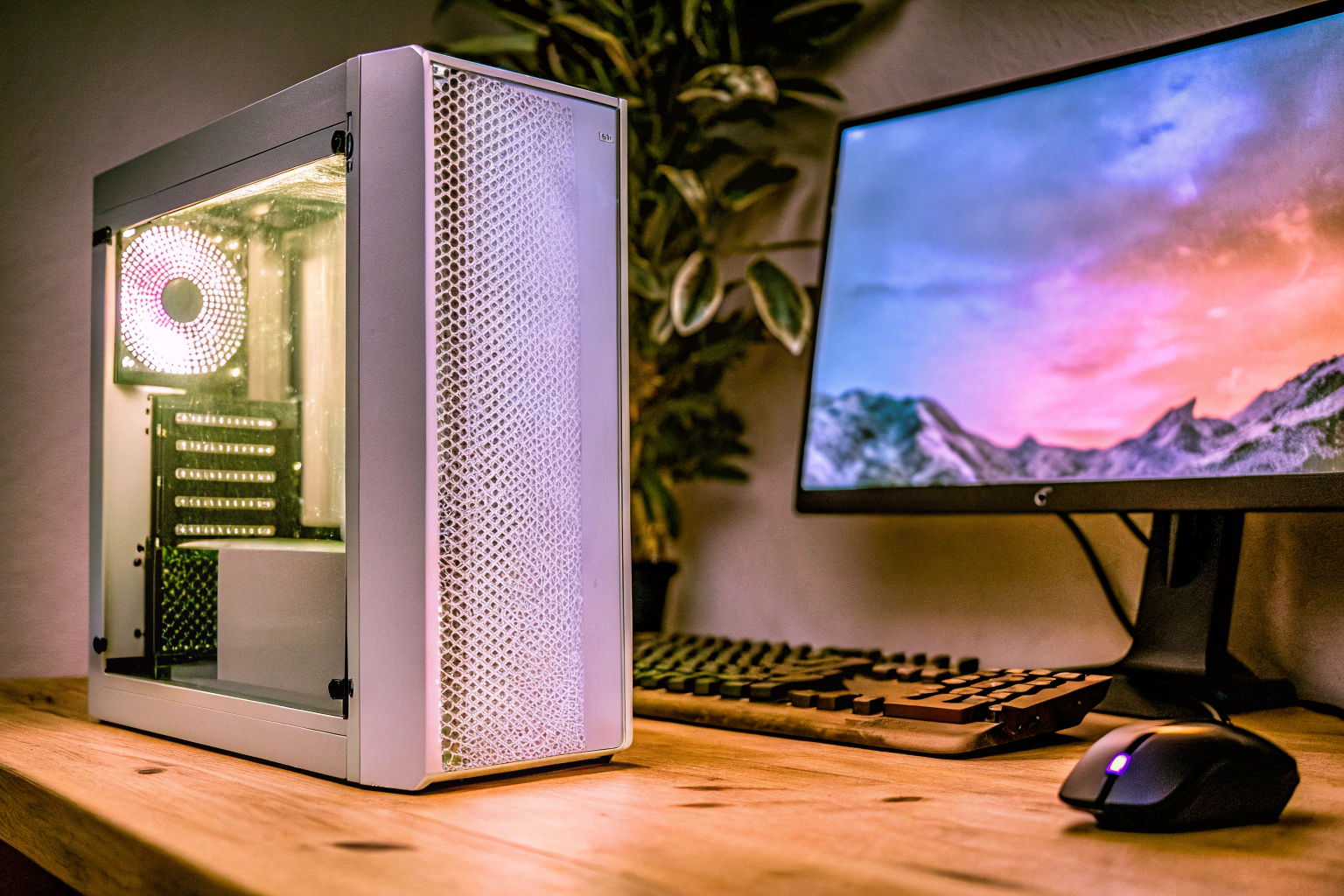 Ein modernes Gaming-PC-Setup mit einem leistungsstarken Prozessor und Grafikkarte. Moderne Gaming-PC-Komponenten