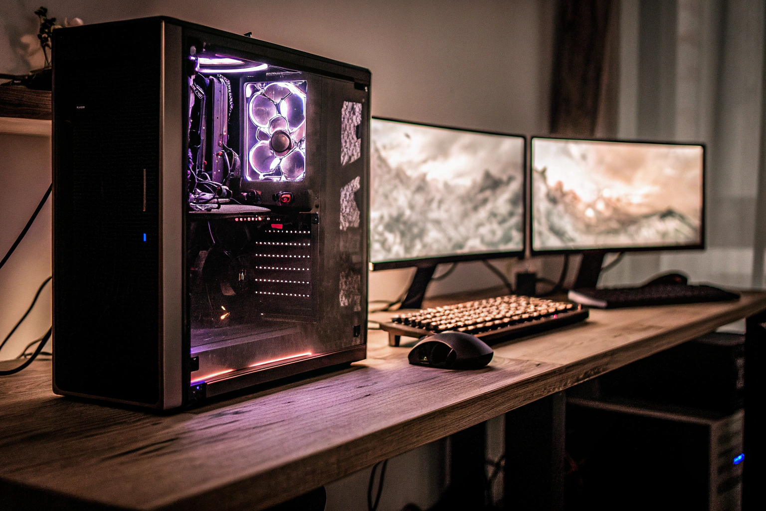 Ein modernes Gaming-Setup mit einem leistungsstarken Computer und umfangreichem Zubehör für ein optimales Spielerlebnis. Modernes Gaming-Setup