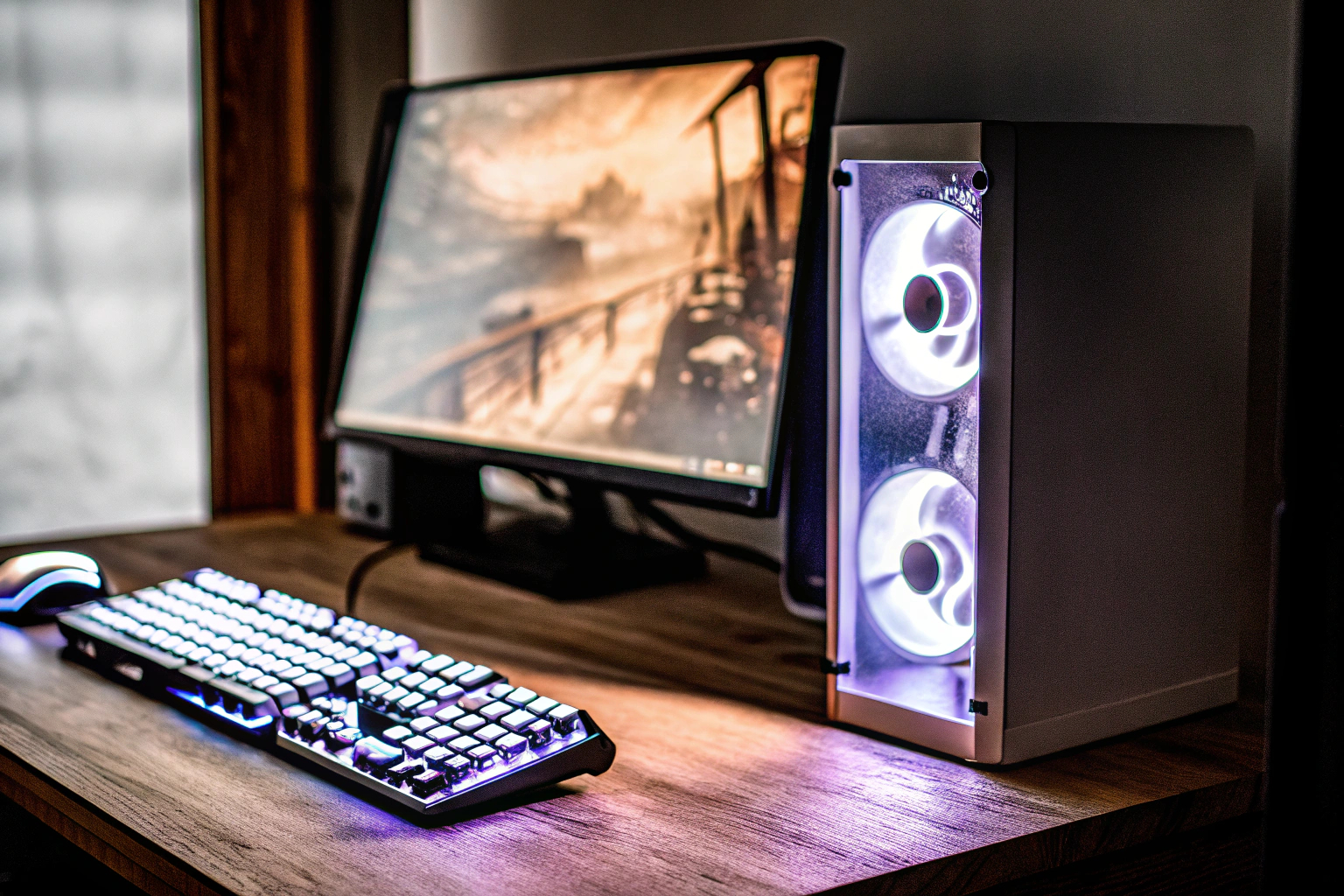 Ein modernes Gaming-Setup mit einer leistungsstarken Grafikkarte, die für Kreativität und Spiele entwickelt wurde. Modernes Gaming-Setup