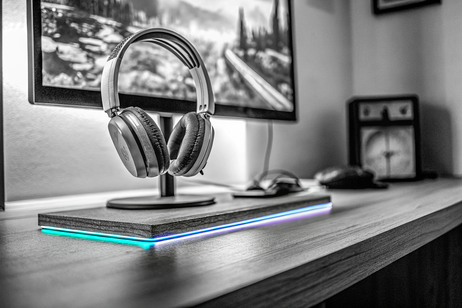 Ein modernes Gaming-Setup mit Kopfhörerständer und digitaler LED-Uhr, die für Organisation sorgt. Gaming-Setup mit Kopfhörerständer und LED-Uhr
