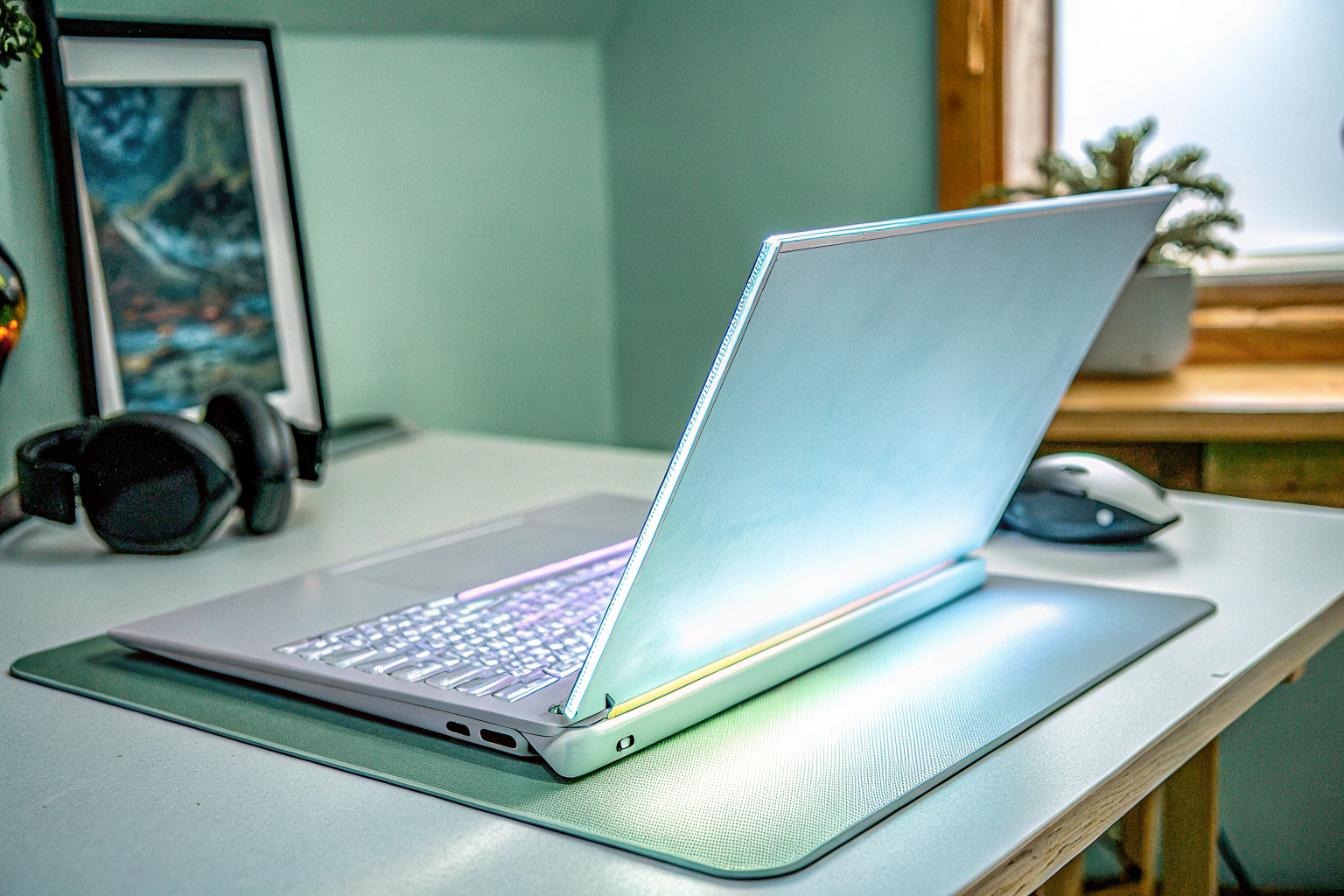 Ein modernes Gaming-Setup mit Laptop und Zubehör. Gaming-Setup mit Laptop