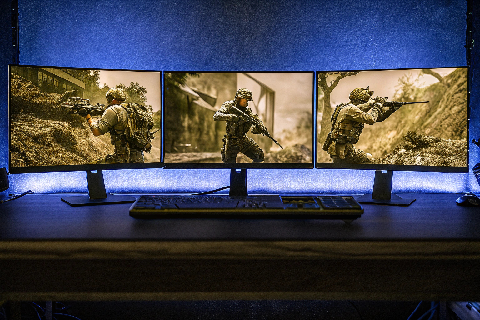 Ein modernes Gaming-Setup mit mehreren 4K-Monitoren, die ein nahtloses Spielerlebnis bieten. Gaming-Setup mit 4K-Monitoren