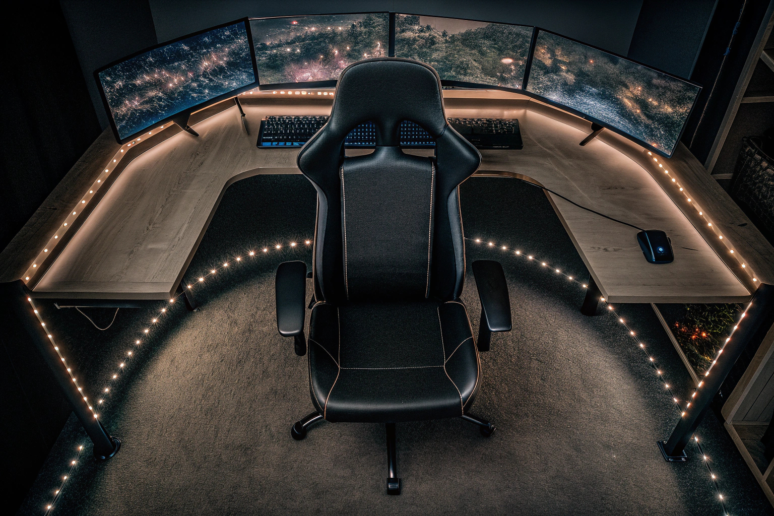 Ein modernes Gaming-Setup mit mehreren Bildschirmen und einem hochwertigen Gaming-Stuhl. Gaming-Setup
