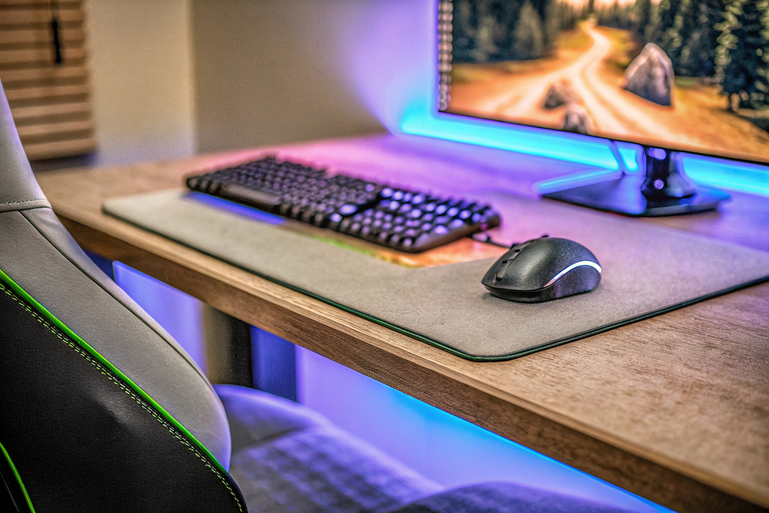 Ein modernes Gaming-Setup mit RGB-Beleuchtung und ergonomischem Stuhl. Gaming-Setup mit RGB-Stuhl