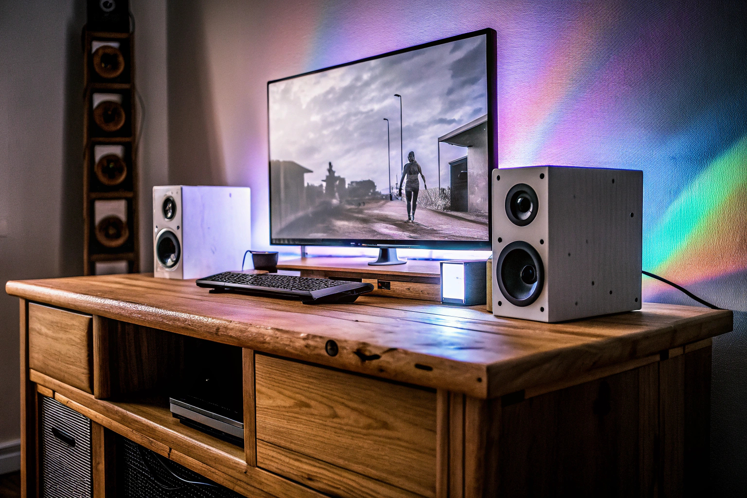 Ein modernes Gaming-Setup mit RGB-Beleuchtung und hochwertigen Lautsprechern. Modernes Gaming-Setup
