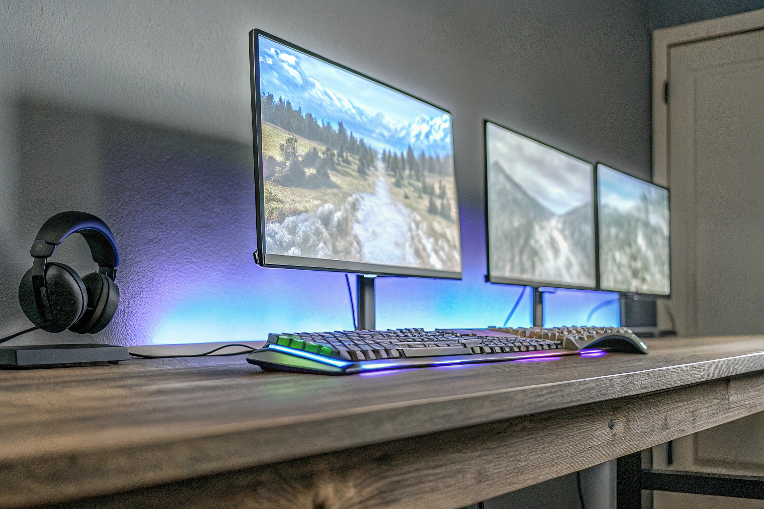 Ein modernes Gaming-Setup mit RGB-Beleuchtung und mehreren Bildschirmen, die eine immersive Spielerfahrung schaffen. Gaming-Setup mit RGB-Beleuchtung