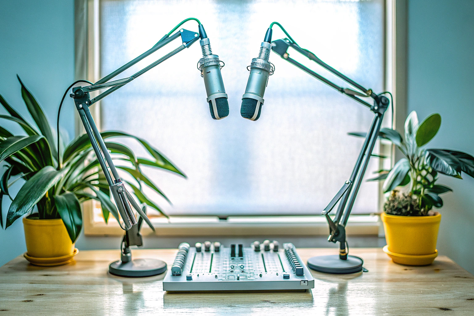 Ein modernes Podcast-Setup mit mehreren Mikrofonen und einem Audio-Mixer. Podcast-Setup für Anfänger