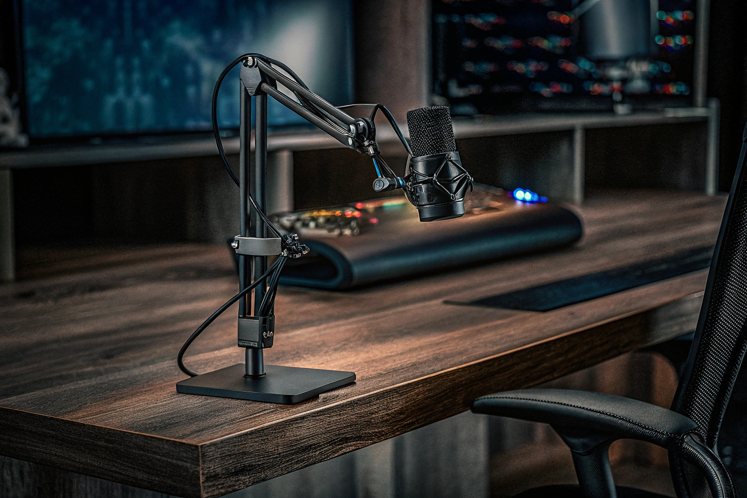 Ein modernes Podcast-Setup mit Mikrofon, Mixer und Computer, perfekt für Gaming-Podcasts. Podcast-Setup für Gaming